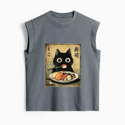 Tokyo-Tiger Vintage Japanese Sushi Cat Women's Washed Tank Tops