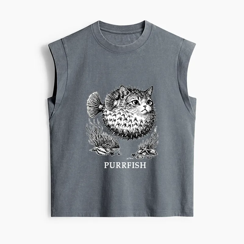 Tokyo-Tiger Spiky Puffer With Cute Cat Head Women's Washed Tank Tops