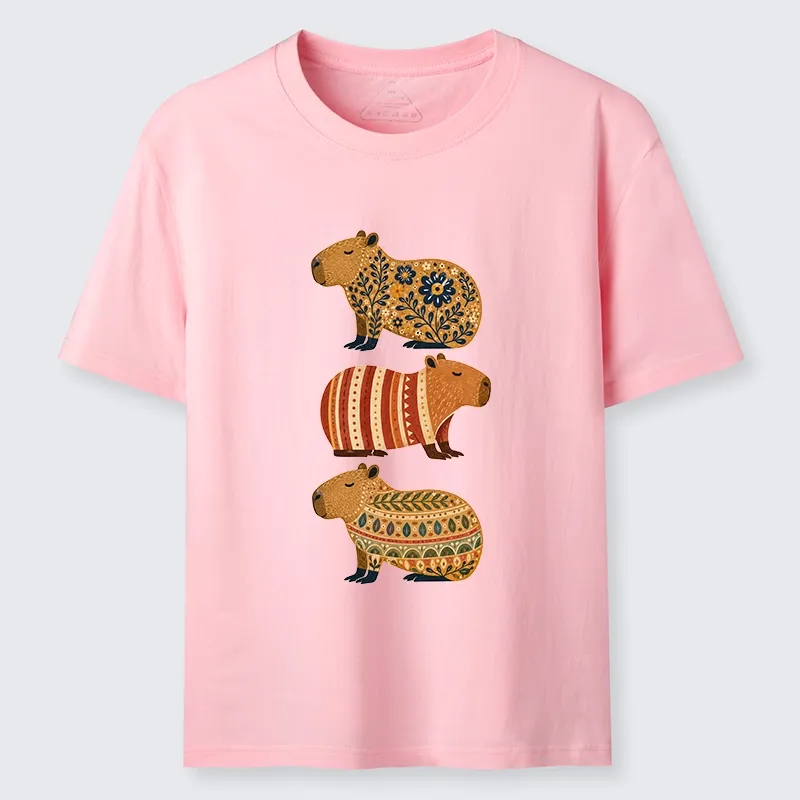 Tokyo-Tiger Folk Floral Striped Capybara Trio Print Classic T-Shirt