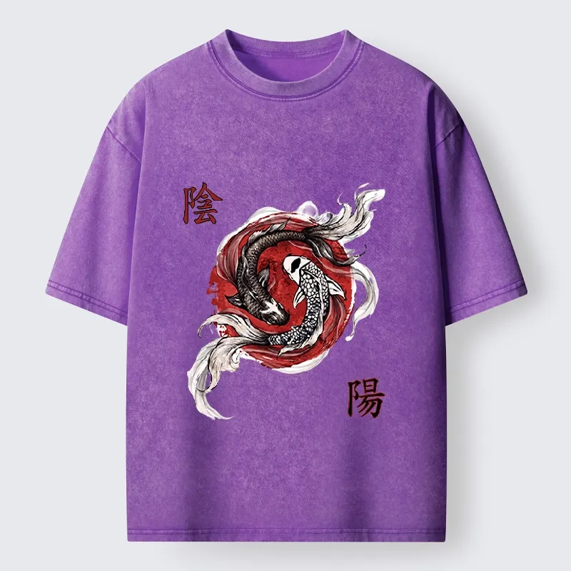 Tokyo-Tiger Red Ink Twin Koi Fish Harmony Washed T-Shirt