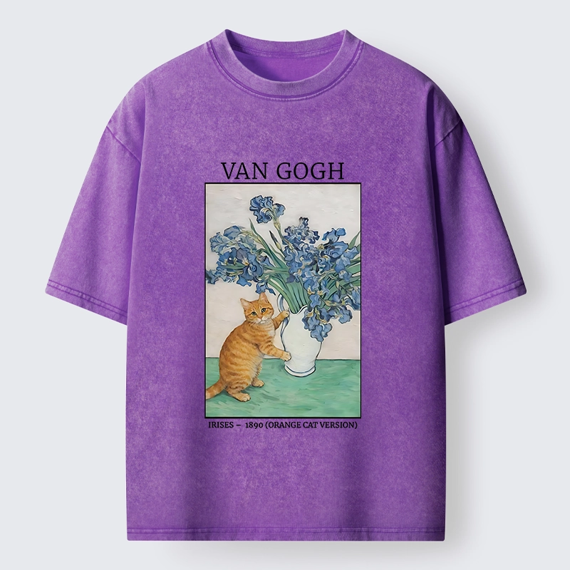 Tokyo-Tiger Orange Cat Touches Van Gogh Irises Washed T-Shirt