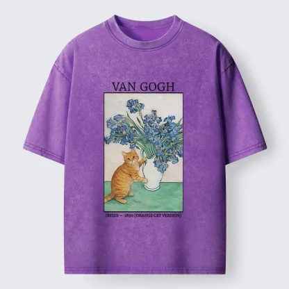 Tokyo-Tiger Orange Cat Touches Van Gogh Irises Washed T-Shirt