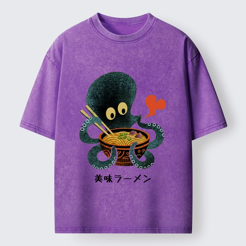 Tokyo-Tiger Octopus Uses Chopsticks For Ramen Washed T-Shirt 