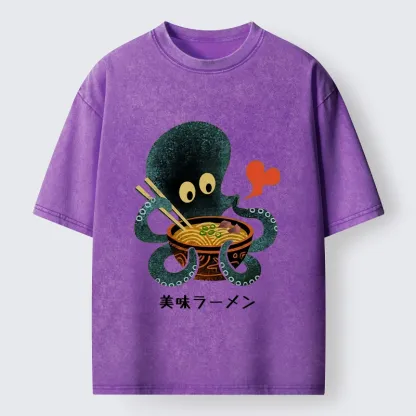 Tokyo-Tiger Octopus Uses Chopsticks For Ramen Washed T-Shirt 