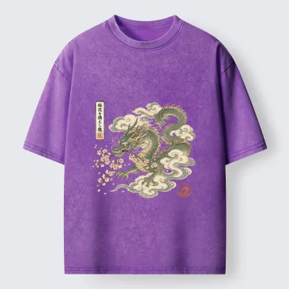Tokyo-Tiger Ancient Dragon Holds Pink Sakura Blooms Washed T-Shirt 