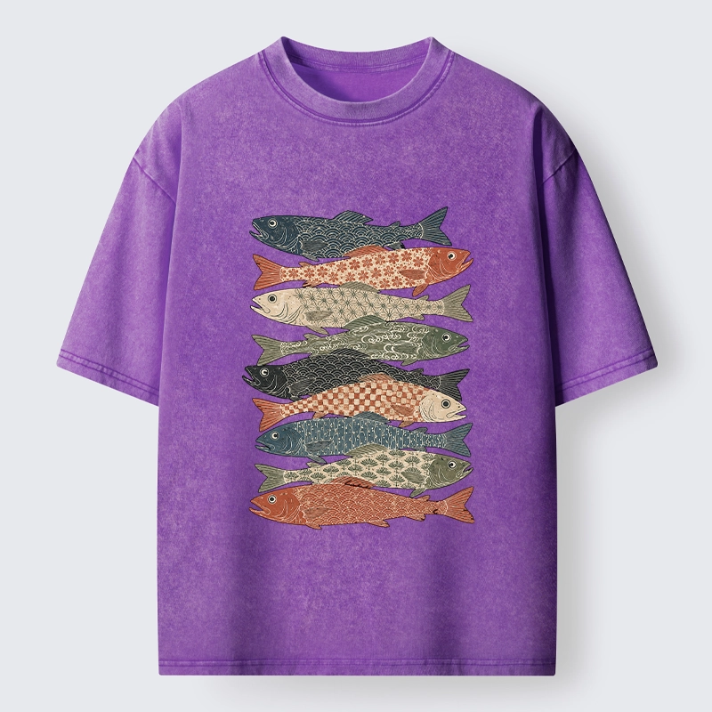 Tokyo-Tiger Patterned Stack Fish Japanese Block Print Washed T-Shirt