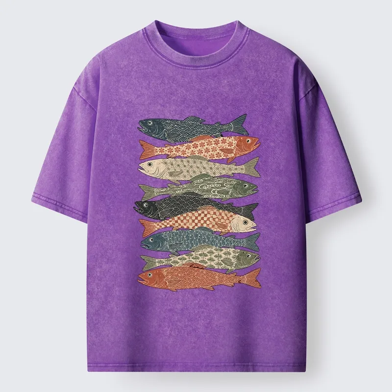 Tokyo-Tiger Patterned Stack Fish Japanese Block Print Washed T-Shirt