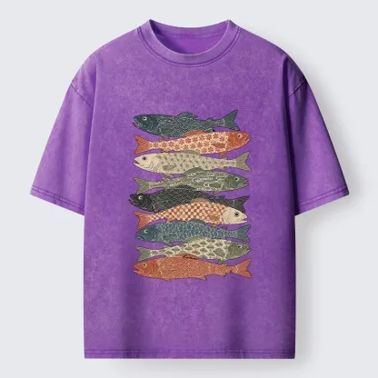 Tokyo-Tiger Patterned Stack Fish Japanese Block Print Washed T-Shirt