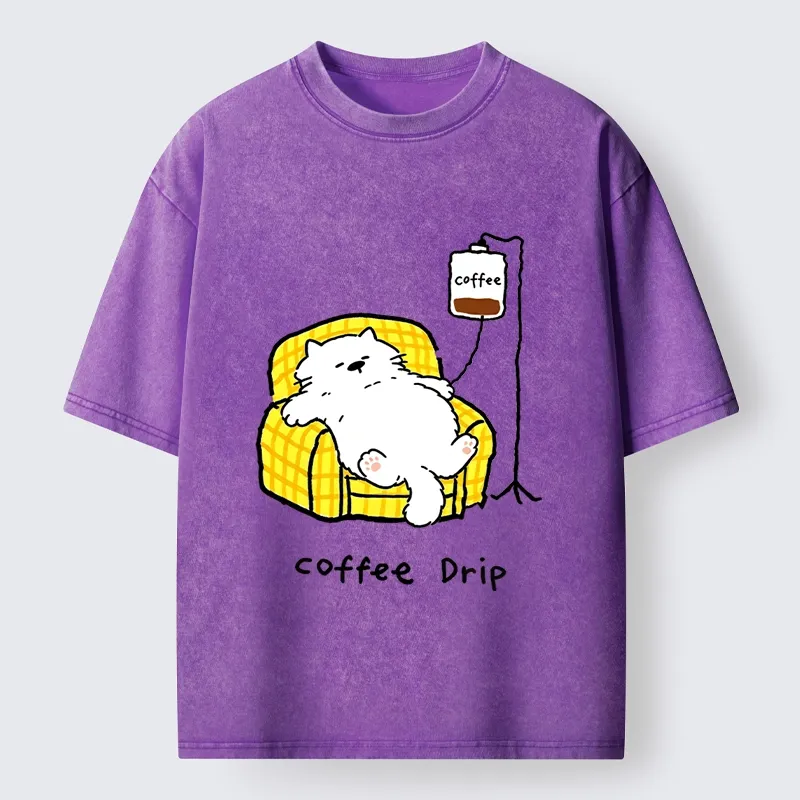 Tokyo-Tiger Fluffy Cat Needs Coffee Drip Art Washed T-Shirt