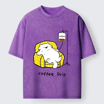 Tokyo-Tiger Fluffy Cat Needs Coffee Drip Art Washed T-Shirt
