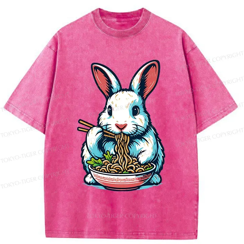 Tokyo-Tiger Easter Bunny Eating Ramen Washed T-Shirt