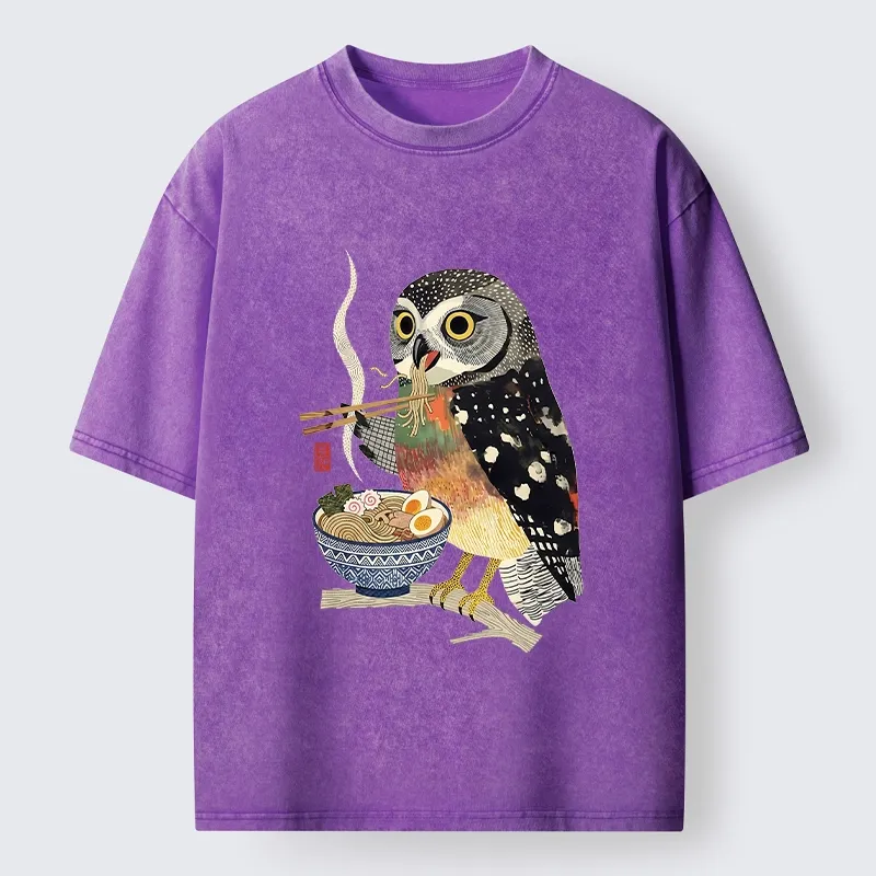 Tokyo-Tiger Owl Slurps Hot Ramen Japan Art Washed T-Shirt
