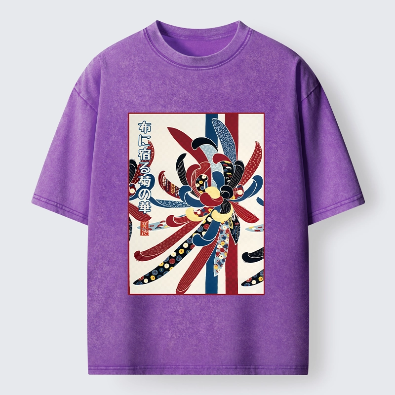 Tokyo-Tiger Traditional Oriental Big Flower Ukiyo Print Washed T-Shirt