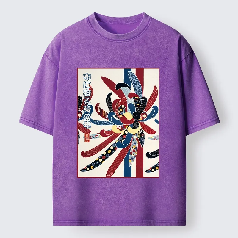 Tokyo-Tiger Traditional Oriental Big Flower Ukiyo Print Washed T-Shirt
