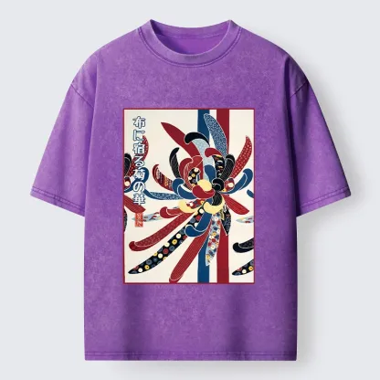 Tokyo-Tiger Traditional Oriental Big Flower Ukiyo Print Washed T-Shirt