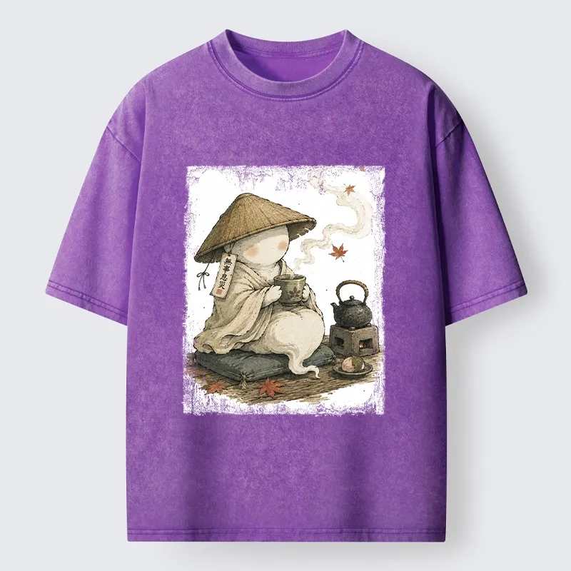 Tokyo-Tiger Cute Ghost Peaceful Tea Time Art Washed T-Shirt
