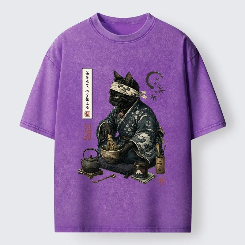 Tokyo-Tiger Samurai Cat Makes Matcha Tea Art Washed T-Shirt