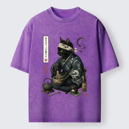 Tokyo-Tiger Samurai Cat Makes Matcha Tea Art Washed T-Shirt