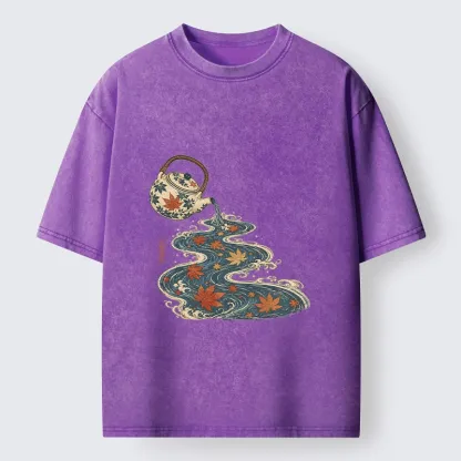 Tokyo-Tiger Maple Tea Pot Flowing River Ukiyo Art Washed T-Shirt