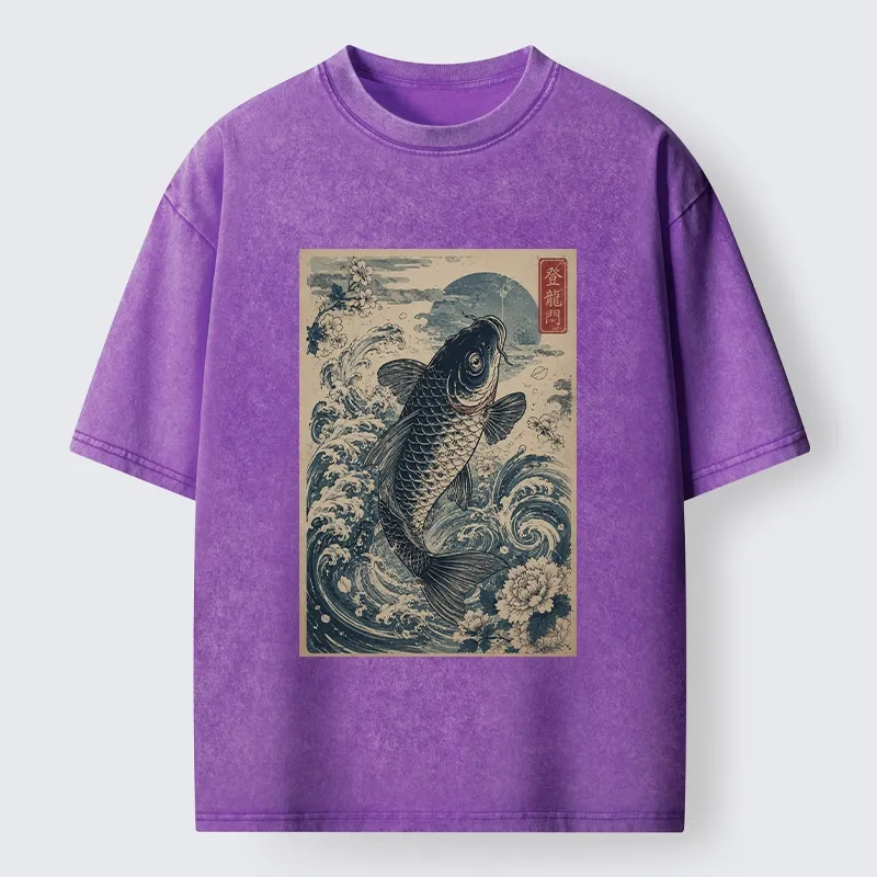 Tokyo-Tiger Vintage Ukiyo Koi Wave Flower Graphic Washed T-Shirt