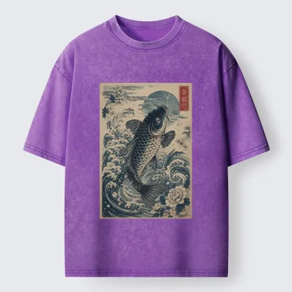 Tokyo-Tiger Vintage Ukiyo Koi Wave Flower Graphic Washed T-Shirt