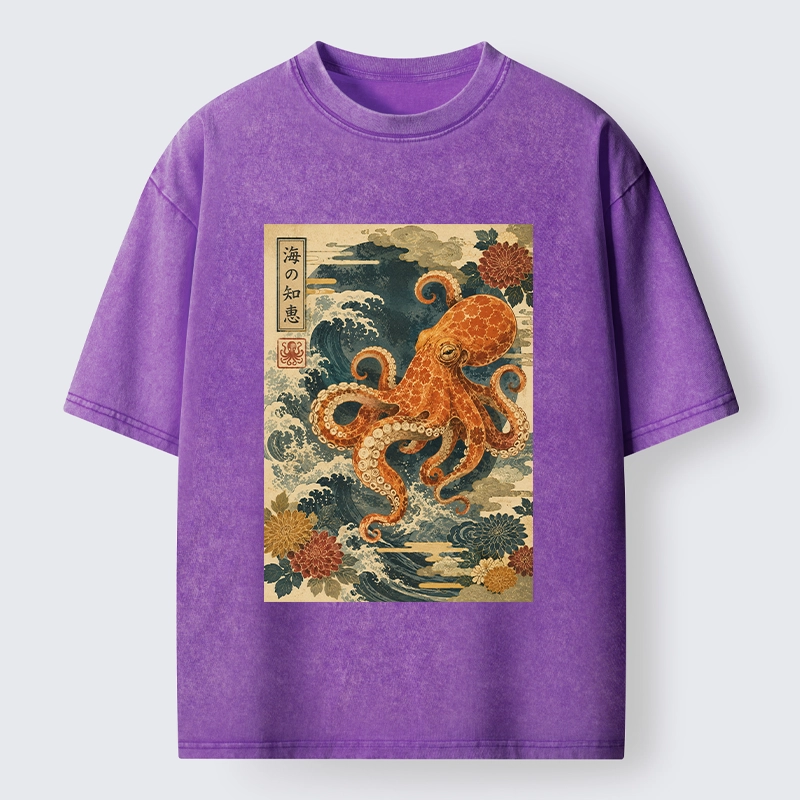 Tokyo-Tiger Wise Octopus Sea Wave Ukiyo E Art Washed T-Shirt
