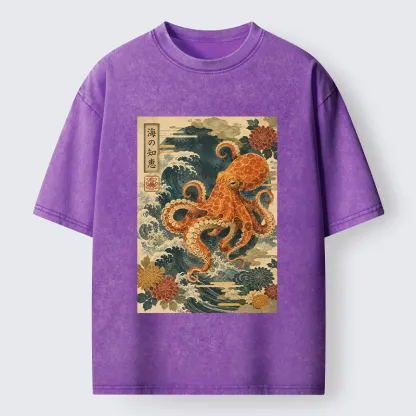 Tokyo-Tiger Wise Octopus Sea Wave Ukiyo E Art Washed T-Shirt