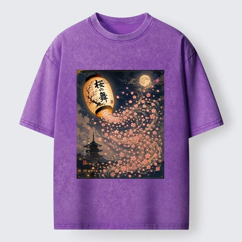 Tokyo-Tiger Sakura Wind Flows From Paper Lantern Graphic Washed T-Shirt