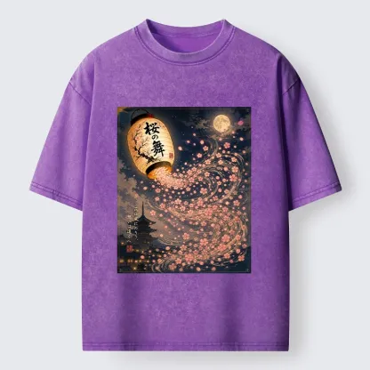 Tokyo-Tiger Sakura Wind Flows From Paper Lantern Graphic Washed T-Shirt