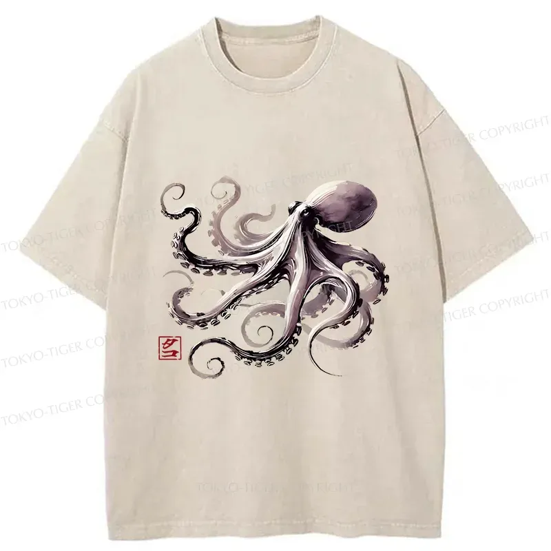 Tokyo-Tiger Retro Japanese Octopus Washed T-Shirt