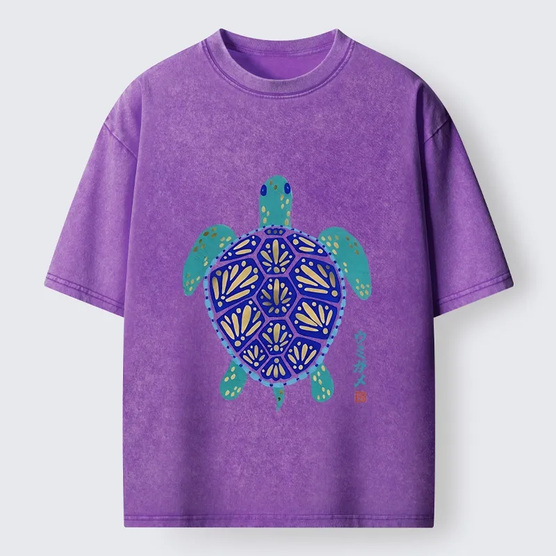Tokyo-Tiger Blue Gold Sea Turtle Japanese Art Print Washed T-Shirt