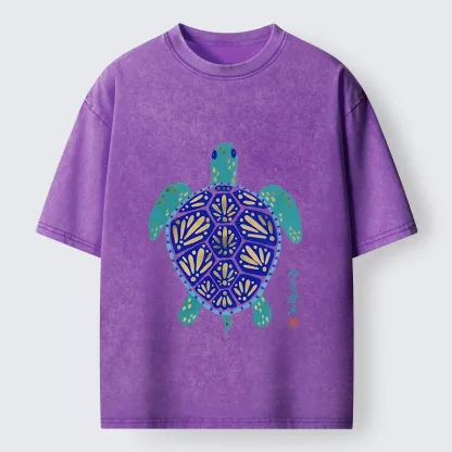Tokyo-Tiger Blue Gold Sea Turtle Japanese Art Print Washed T-Shirt