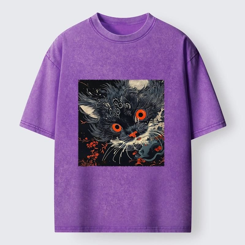 Tokyo-Tiger Soft Fluffy Black Cat Vintage Oriental Print Washed T-Shirt