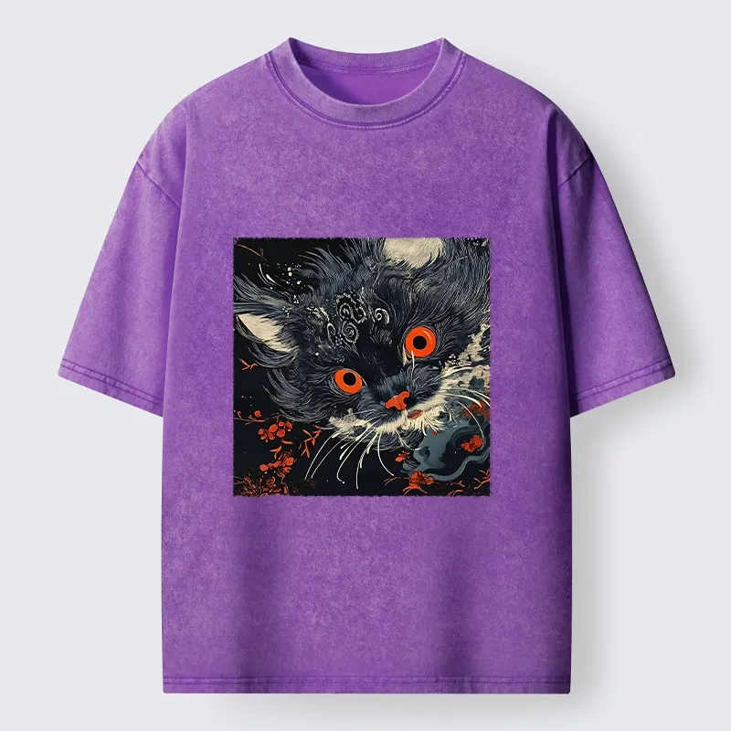 Tokyo-Tiger Soft Fluffy Black Cat Vintage Oriental Print Washed T-Shirt