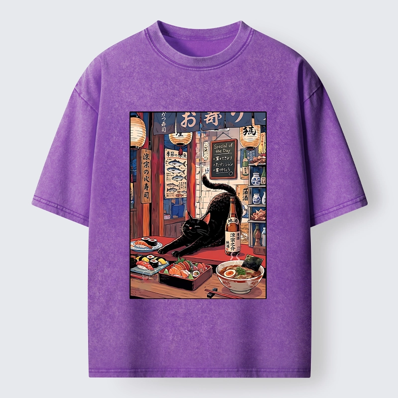 Tokyo-Tiger Warm Lantern Izakaya Black Cat Food Art Print Washed T-Shirt