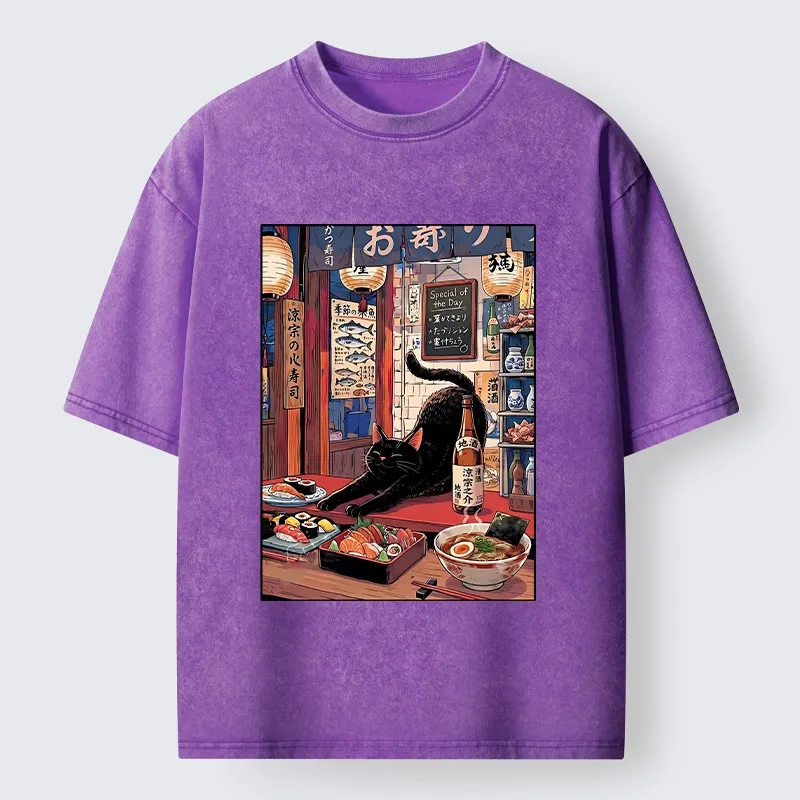 Tokyo-Tiger Warm Lantern Izakaya Black Cat Food Art Print Washed T-Shirt