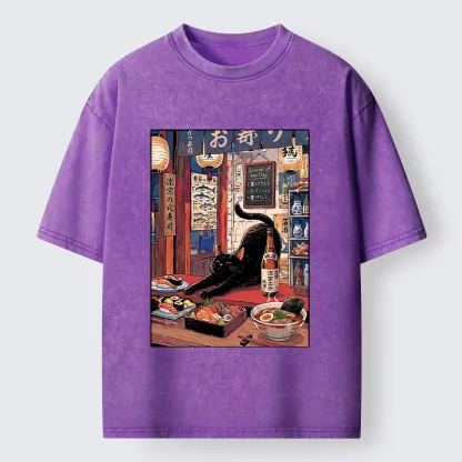 Tokyo-Tiger Warm Lantern Izakaya Black Cat Food Art Print Washed T-Shirt