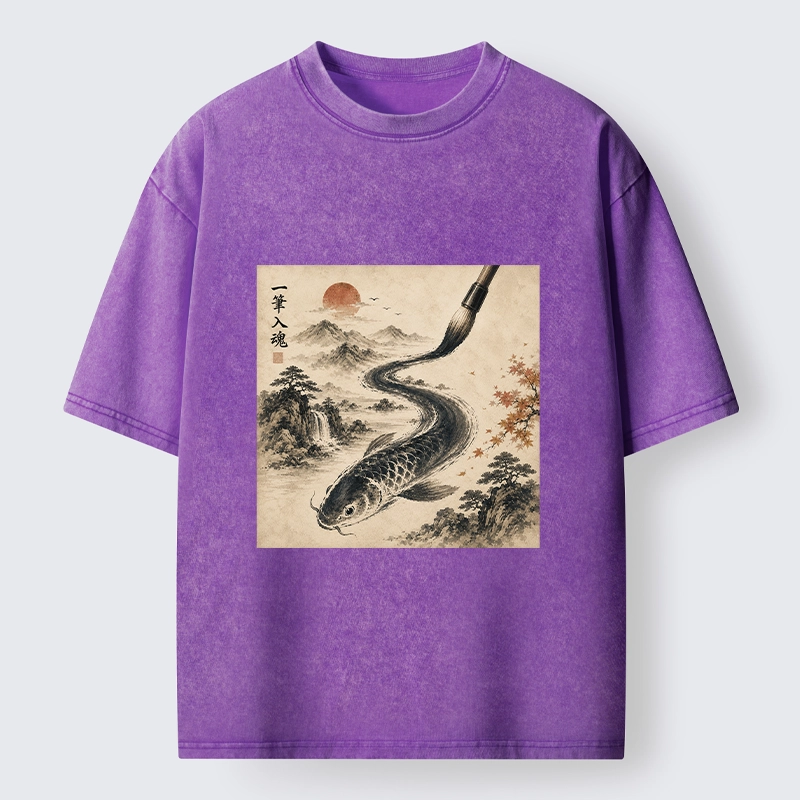 Tokyo-Tiger Autumn Mountain Ink Carp Brush Design Washed T-Shirt