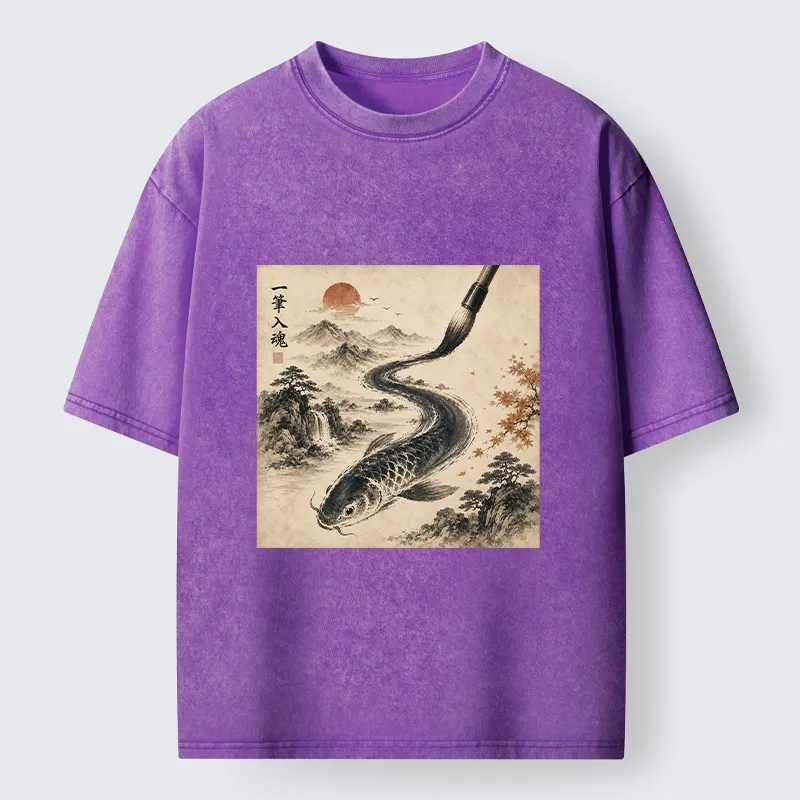Tokyo-Tiger Autumn Mountain Ink Carp Brush Design Washed T-Shirt