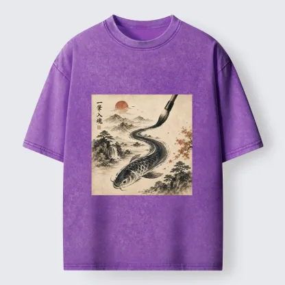 Tokyo-Tiger Autumn Mountain Ink Carp Brush Design Washed T-Shirt
