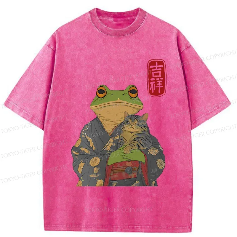 Tokyo-Tiger Frog Hugging Cat Washed T-Shirt