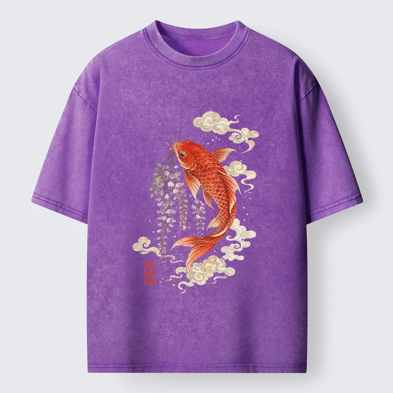 Tokyo-Tiger Soft Cloud Koi Floral Graphic Print Washed T-Shirt