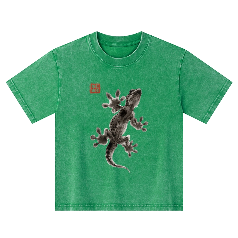 Tokyo-Tiger Minimal Asian Ink Brush Gecko Vibe Kids Washed T-Shirt
