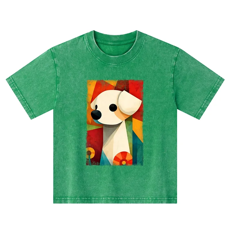Tokyo-Tiger Retro Abstract Color Block Puppy Art Kids Washed T-Shirt Sale