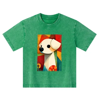 Tokyo-Tiger Retro Abstract Color Block Puppy Art Kids Washed T-Shirt