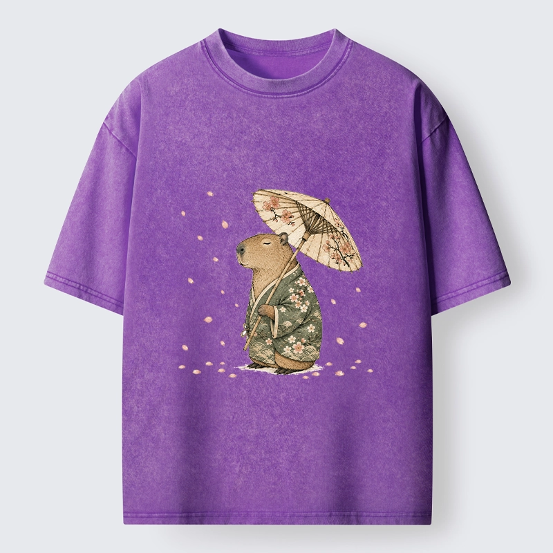 Tokyo-Tiger Relaxed Capybara Spring Sakura Kimono Art Washed T-Shirt
