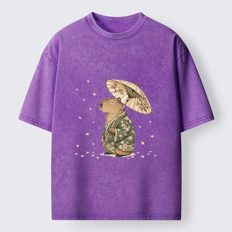 Tokyo-Tiger Relaxed Capybara Spring Sakura Kimono Art Washed T-Shirt