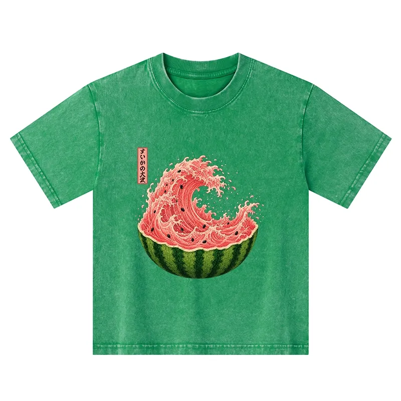 Tokyo-Tiger Watermelon Wave Summer Ukiyo Art Kids Washed T-Shirt
