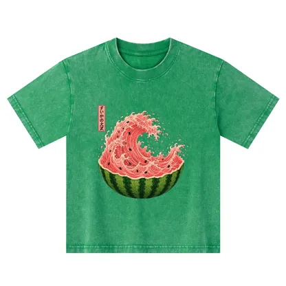 Tokyo-Tiger Watermelon Wave Summer Ukiyo Art Kids Washed T-Shirt
