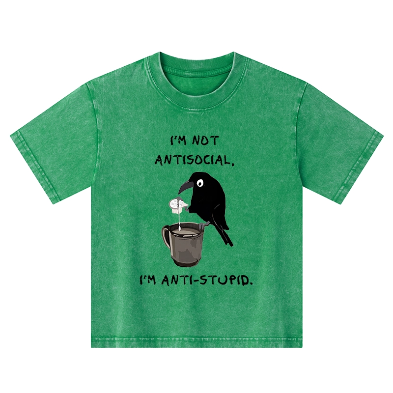 Tokyo-Tiger Cool Crow Sips Calm Coffee Alone Kids Washed T-Shirt